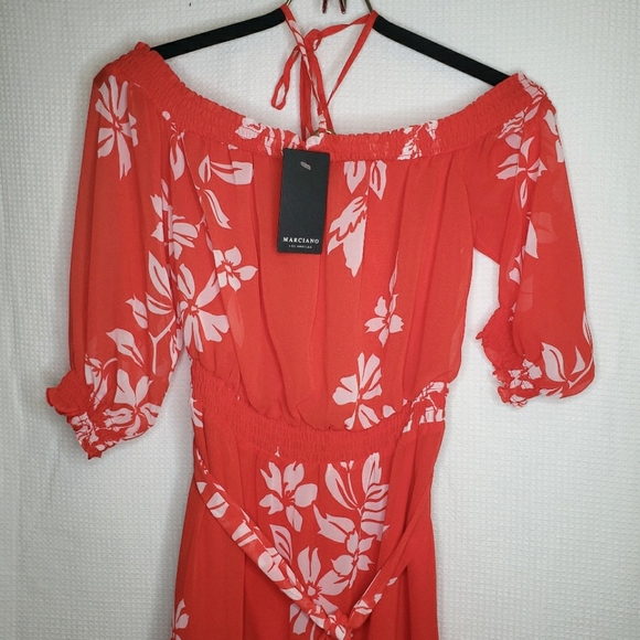 NEW Marciano Women's XS Light Red Sheer Floral High-Low Summer Tripical Dress - Picture 1 of 9
